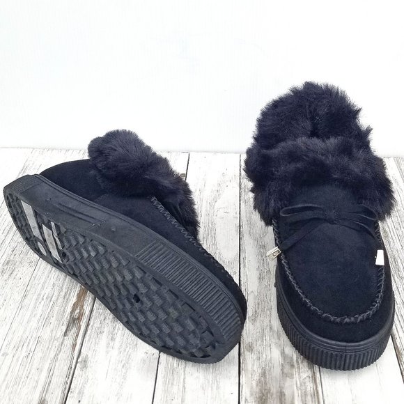 New Black Furry Moccasin Slip on Slipper Loafers - Picture 5 of 5